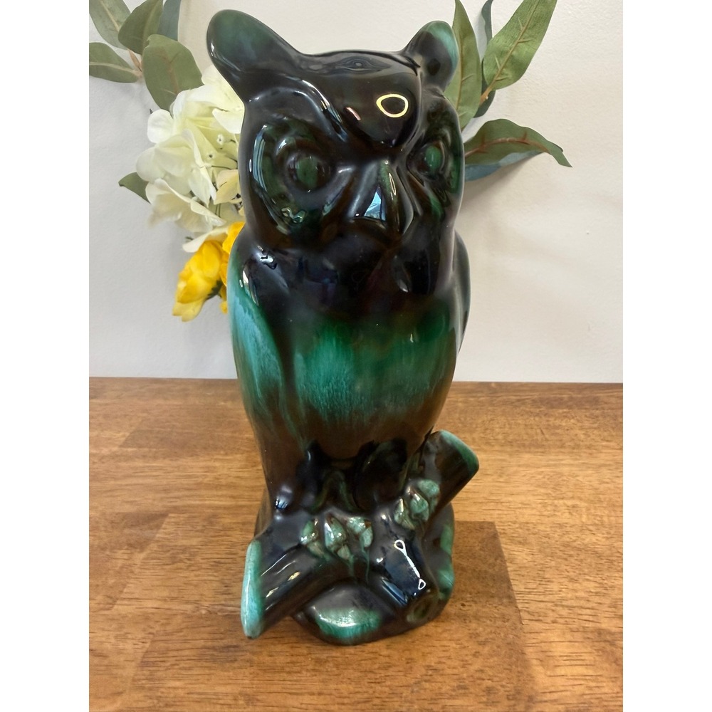 Blue Mountain Pottery Owl Figurine Green Black Drip Glaze Canada Vintage Pottery